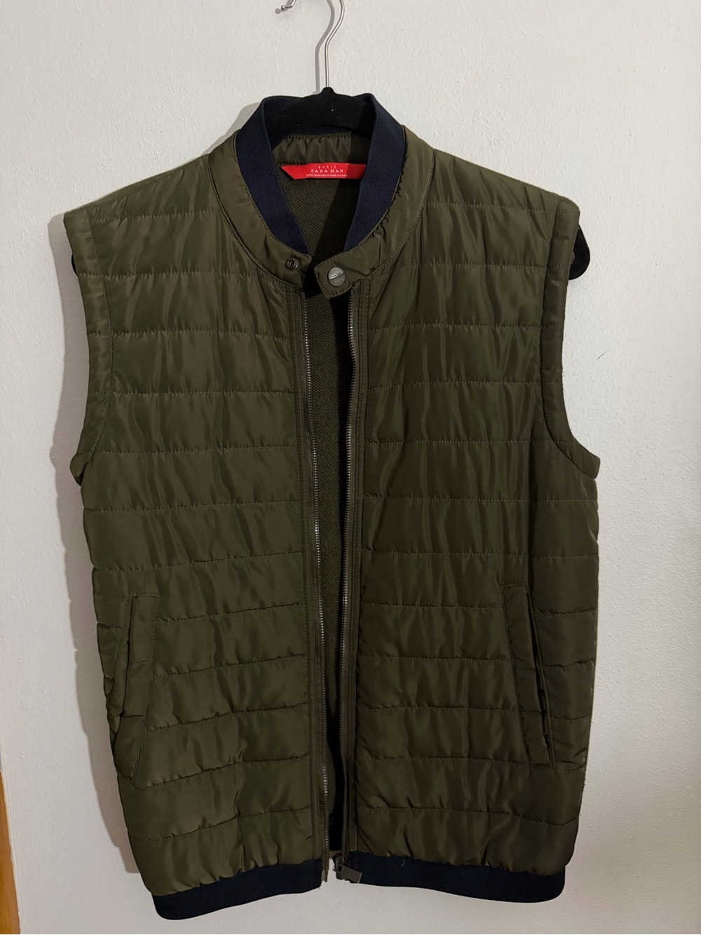 Zara Olive Quilted Sleeveless Vest with Navy Trim